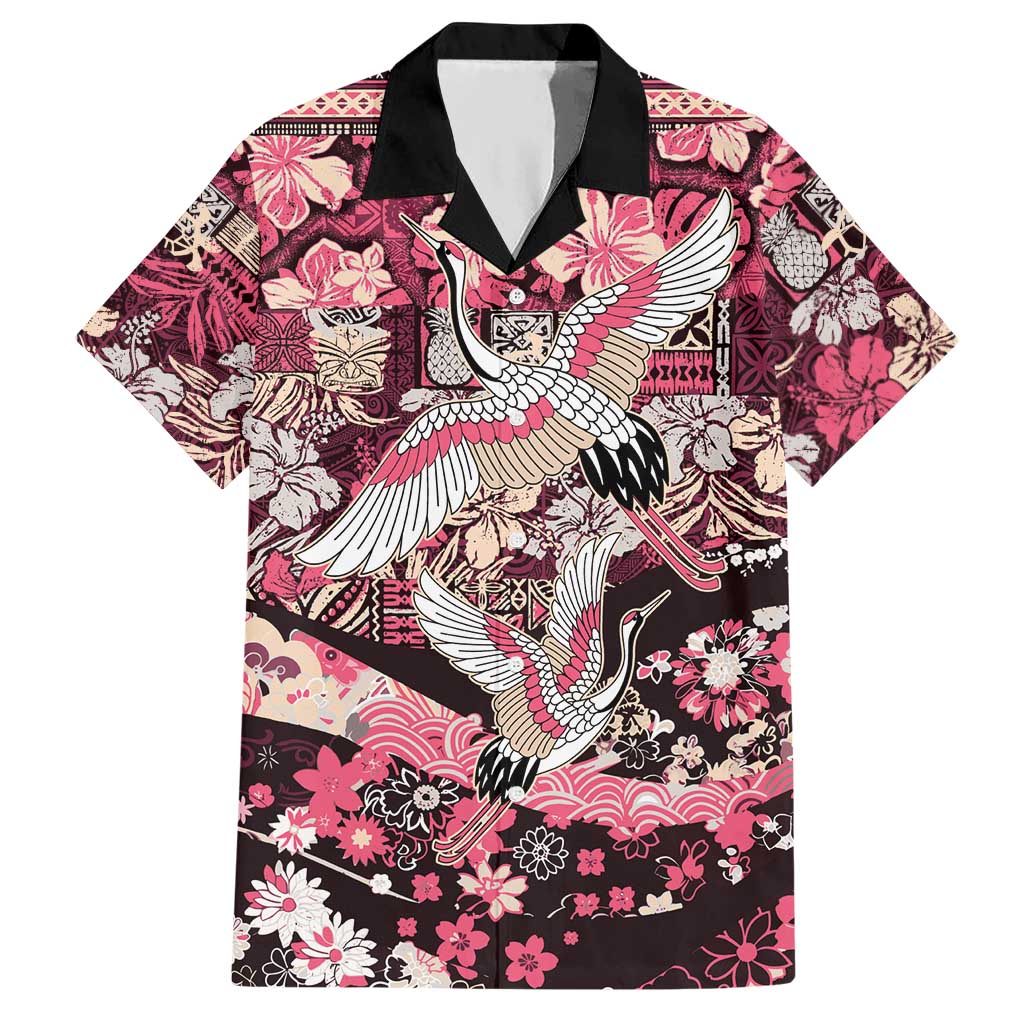 Japanese Hawaiian Crane Hawaiian Shirt Soft Pink Tapa Patchwork Pattern
