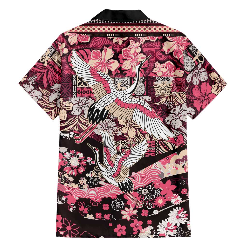 Japanese Hawaiian Crane Hawaiian Shirt Soft Pink Tapa Patchwork Pattern