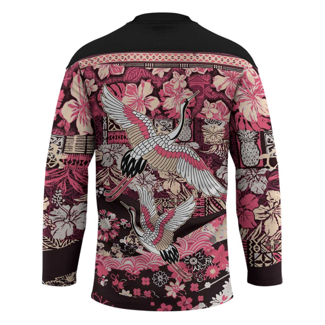Japanese Hawaiian Crane Hockey Jersey Soft Pink Tapa Patchwork Pattern LT9 - Polynesian Pride