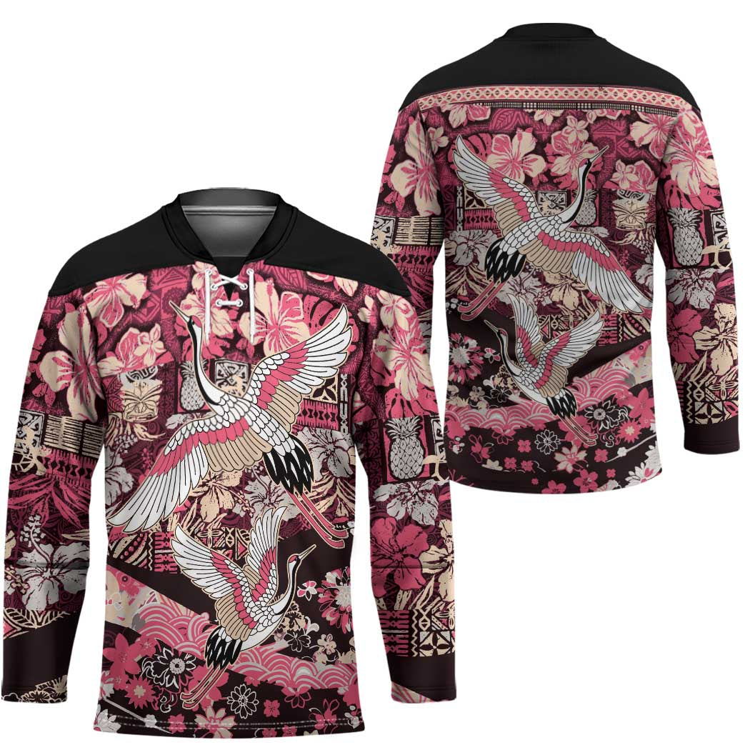 Japanese Hawaiian Crane Hockey Jersey Soft Pink Tapa Patchwork Pattern LT9 - Polynesian Pride