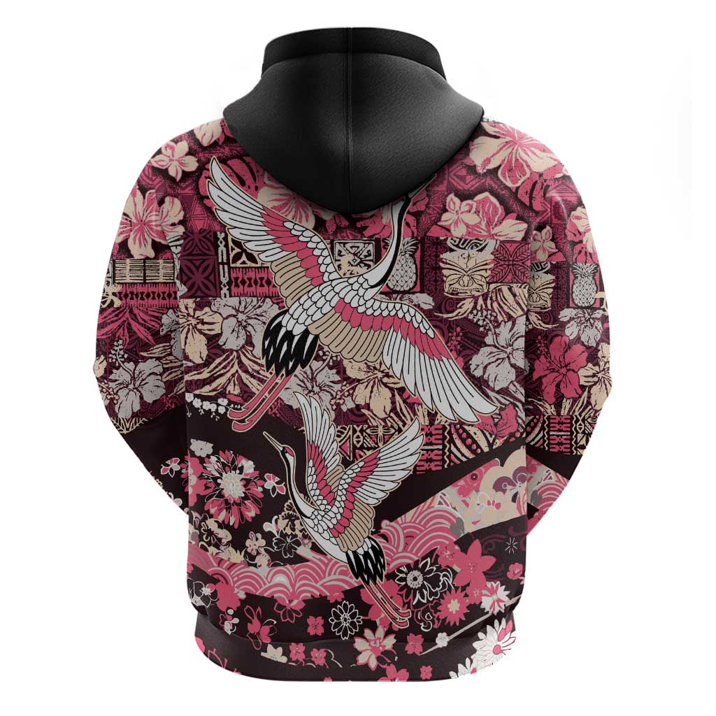 Japanese Hawaiian Crane Hoodie Soft Pink Tapa Patchwork Pattern LT9 - Polynesian Pride