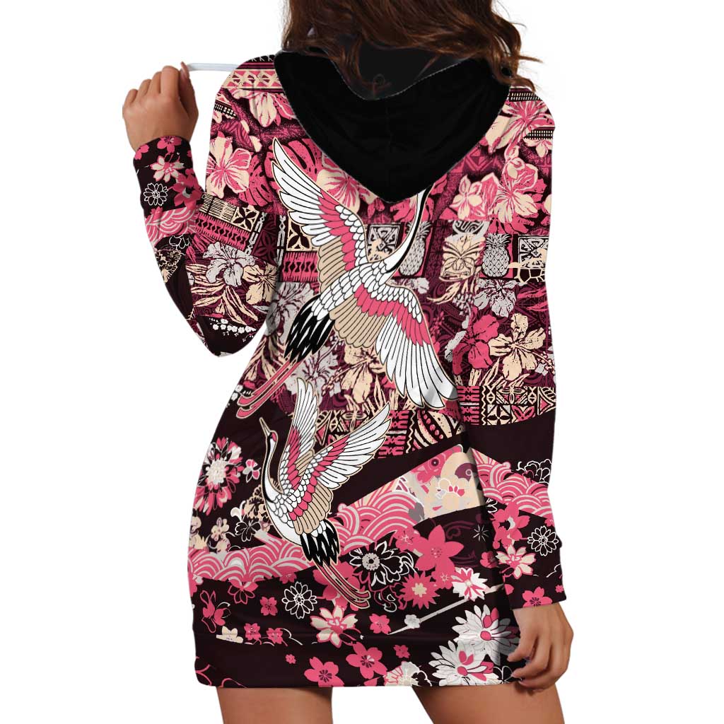 Japanese Hawaiian Crane Hoodie Dress Soft Pink Tapa Patchwork Pattern LT9 - Polynesian Pride