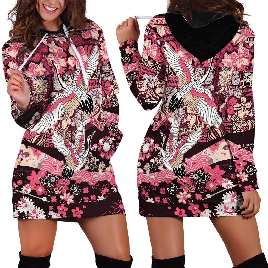 Japanese Hawaiian Crane Hoodie Dress Soft Pink Tapa Patchwork Pattern LT9 - Polynesian Pride
