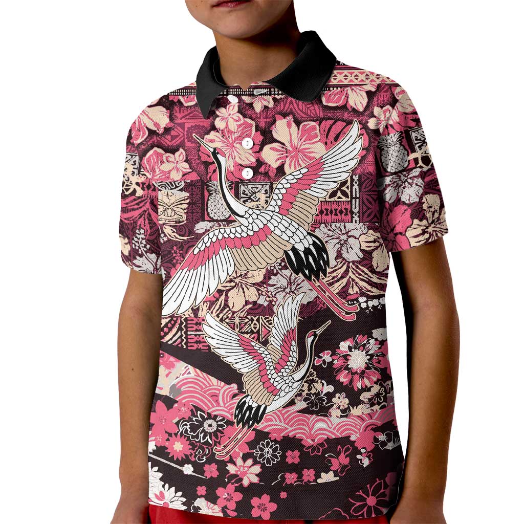 Japanese Hawaiian Crane Kid Polo Shirt Soft Pink Tapa Patchwork Pattern LT9 Kid Pink - Polynesian Pride