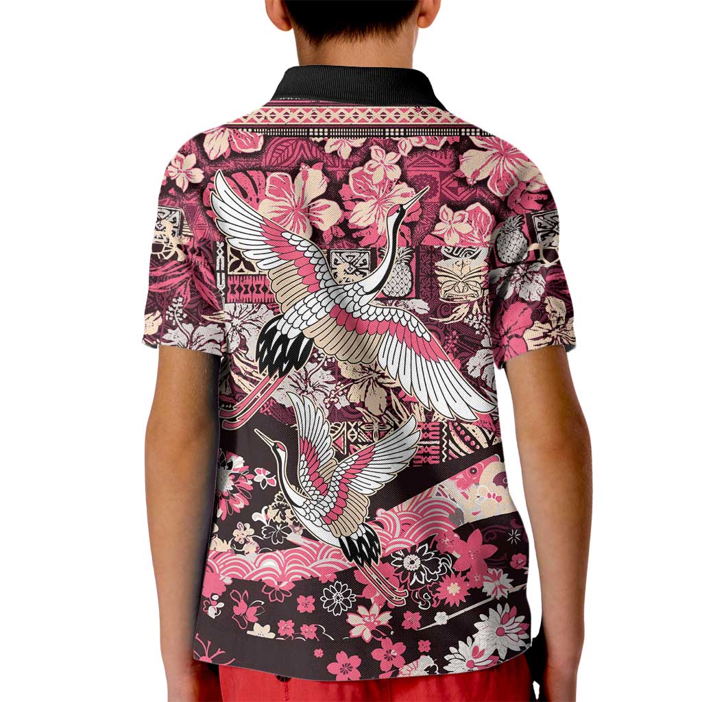 Japanese Hawaiian Crane Kid Polo Shirt Soft Pink Tapa Patchwork Pattern LT9 - Polynesian Pride