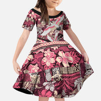 Japanese Hawaiian Crane Kid Short Sleeve Dress Soft Pink Tapa Patchwork Pattern LT9 KID Pink - Polynesian Pride