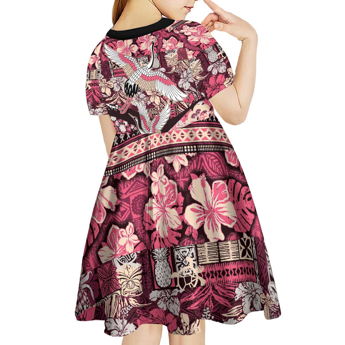 Japanese Hawaiian Crane Kid Short Sleeve Dress Soft Pink Tapa Patchwork Pattern LT9 - Polynesian Pride