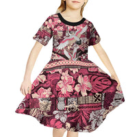 Japanese Hawaiian Crane Kid Short Sleeve Dress Soft Pink Tapa Patchwork Pattern LT9 - Polynesian Pride