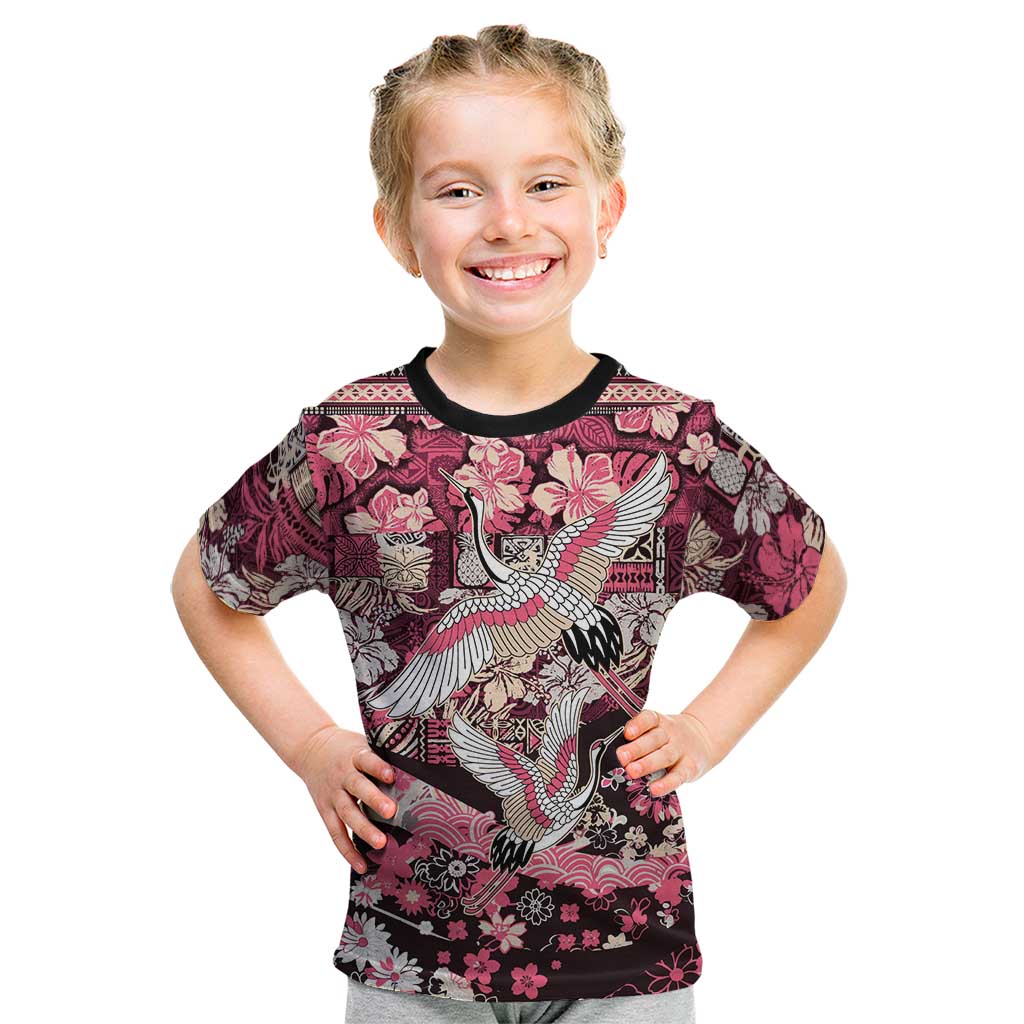 Japanese Hawaiian Crane Kid T Shirt Soft Pink Tapa Patchwork Pattern LT9 Pink - Polynesian Pride