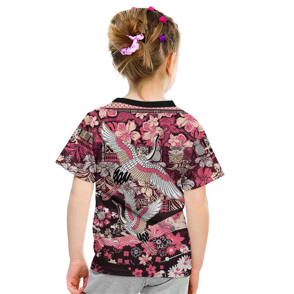 Japanese Hawaiian Crane Kid T Shirt Soft Pink Tapa Patchwork Pattern LT9 - Polynesian Pride