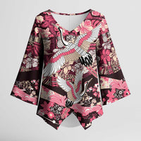 Japanese Hawaiian Crane Kimono Sleeve Blouse Soft Pink Tapa Patchwork Pattern LT9 Female Pink - Polynesian Pride