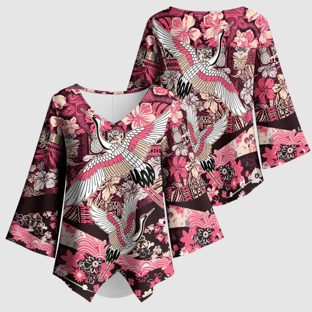 Japanese Hawaiian Crane Kimono Sleeve Blouse Soft Pink Tapa Patchwork Pattern LT9 - Polynesian Pride