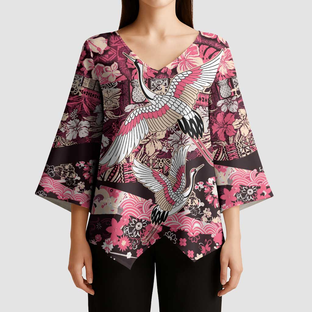 Japanese Hawaiian Crane Kimono Sleeve Blouse Soft Pink Tapa Patchwork Pattern LT9 - Polynesian Pride
