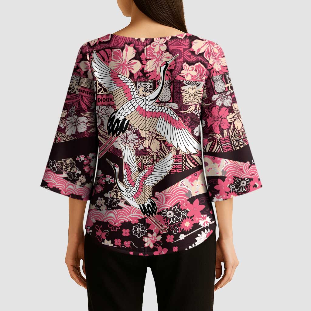 Japanese Hawaiian Crane Kimono Sleeve Blouse Soft Pink Tapa Patchwork Pattern LT9 - Polynesian Pride