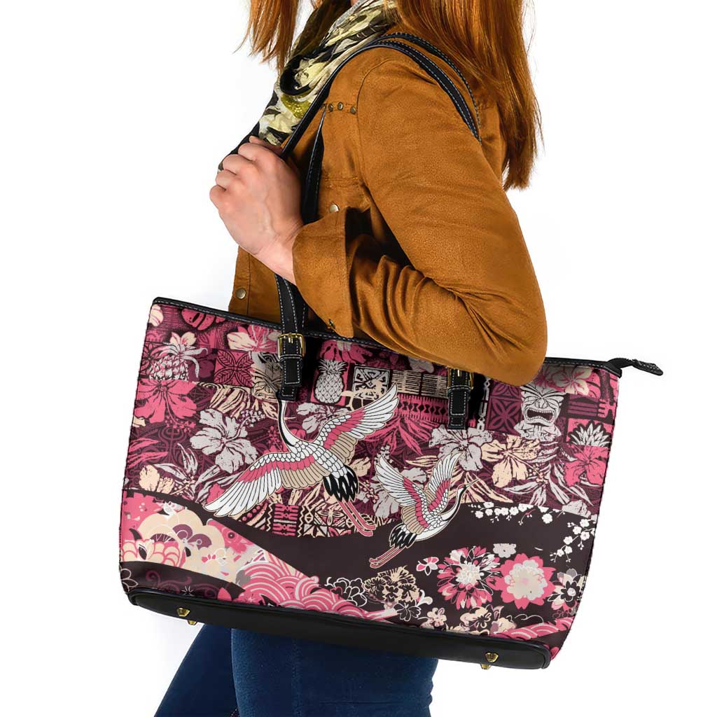 Japanese Hawaiian Crane Leather Tote Bag Soft Pink Tapa Patchwork Pattern LT9 Pink - Polynesian Pride