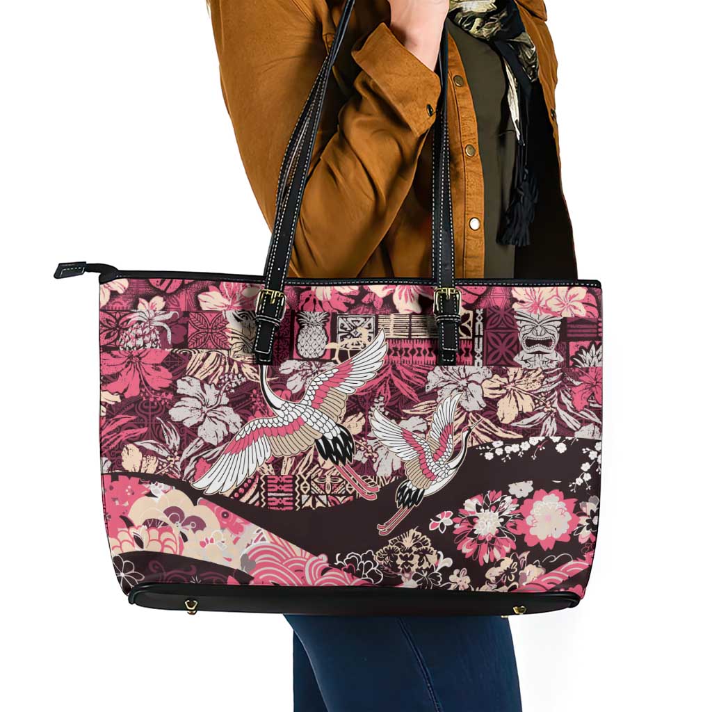 Japanese Hawaiian Crane Leather Tote Bag Soft Pink Tapa Patchwork Pattern LT9 - Polynesian Pride