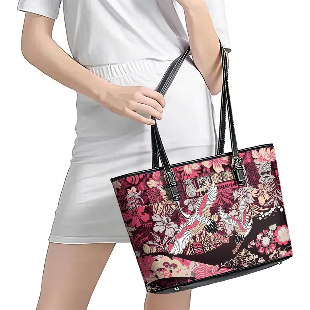 Japanese Hawaiian Crane Leather Tote Bag Soft Pink Tapa Patchwork Pattern LT9 - Polynesian Pride