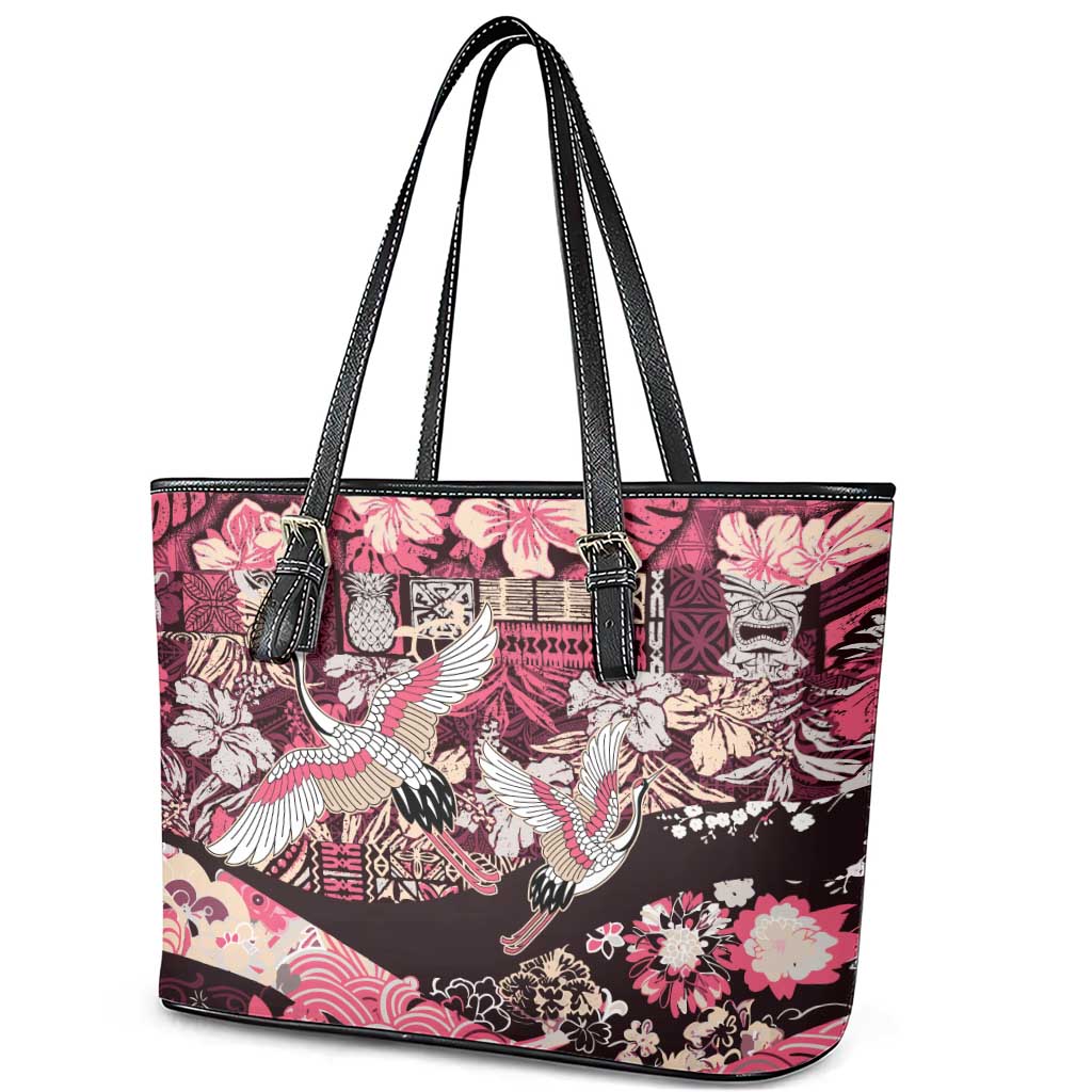 Japanese Hawaiian Crane Leather Tote Bag Soft Pink Tapa Patchwork Pattern LT9 - Polynesian Pride