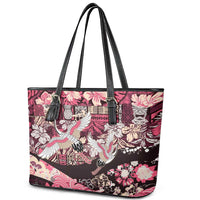 Japanese Hawaiian Crane Leather Tote Bag Soft Pink Tapa Patchwork Pattern LT9 - Polynesian Pride