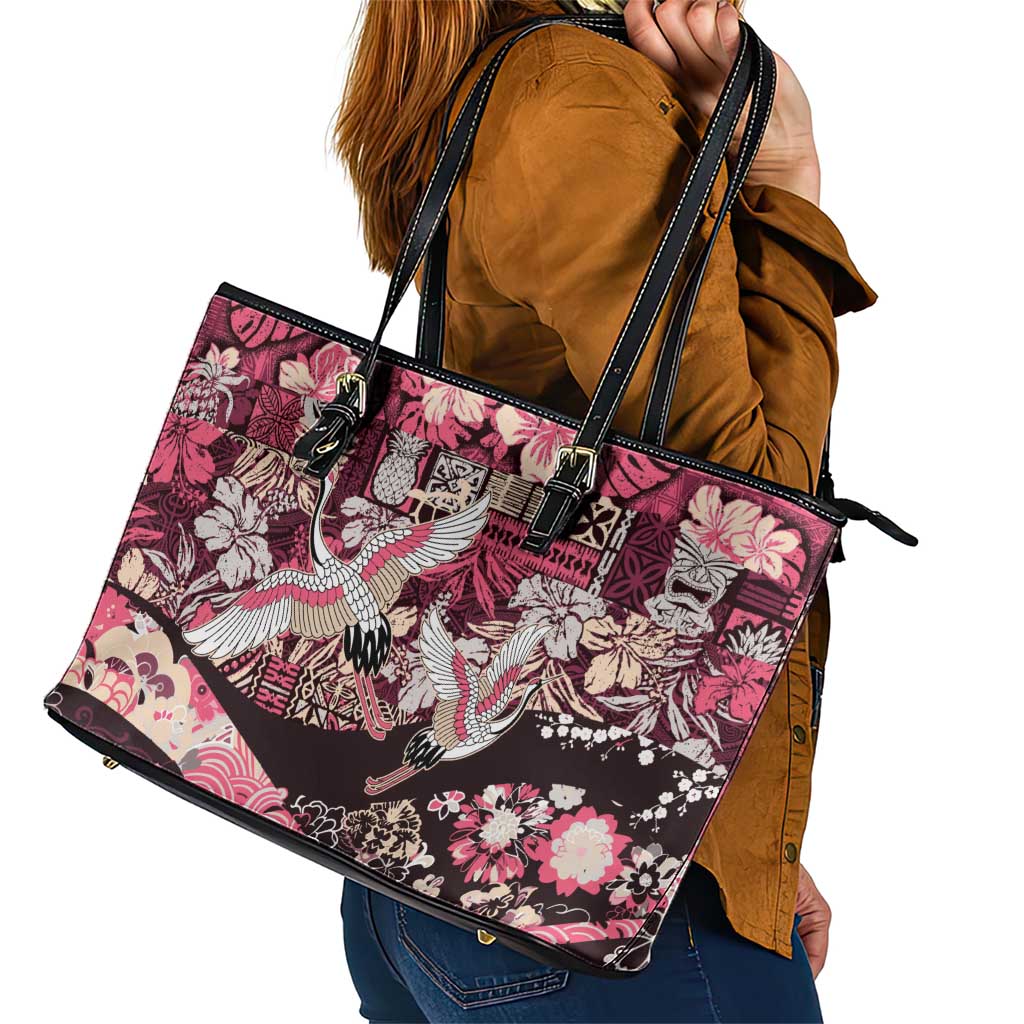 Japanese Hawaiian Crane Leather Tote Bag Soft Pink Tapa Patchwork Pattern LT9 - Polynesian Pride