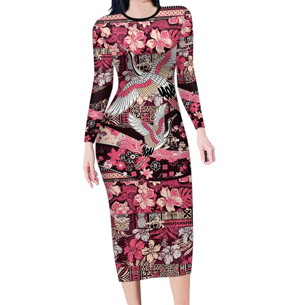 Japanese Hawaiian Crane Long Sleeve Bodycon Dress Soft Pink Tapa Patchwork Pattern