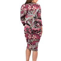Japanese Hawaiian Crane Long Sleeve Bodycon Dress Soft Pink Tapa Patchwork Pattern