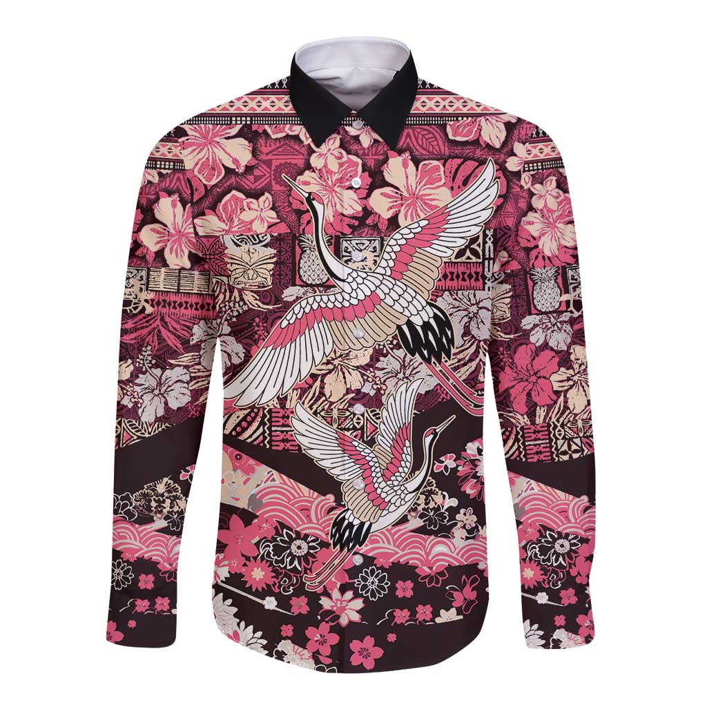 Japanese Hawaiian Crane Long Sleeve Button Shirt Soft Pink Tapa Patchwork Pattern LT9 Unisex Pink - Polynesian Pride