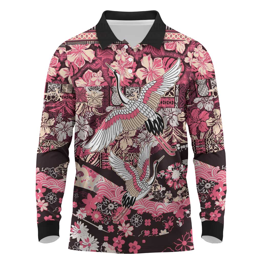 Japanese Hawaiian Crane Long Sleeve Polo Shirt Soft Pink Tapa Patchwork Pattern LT9 Pink - Polynesian Pride