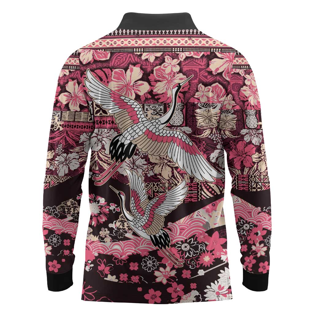 Japanese Hawaiian Crane Long Sleeve Polo Shirt Soft Pink Tapa Patchwork Pattern LT9 - Polynesian Pride