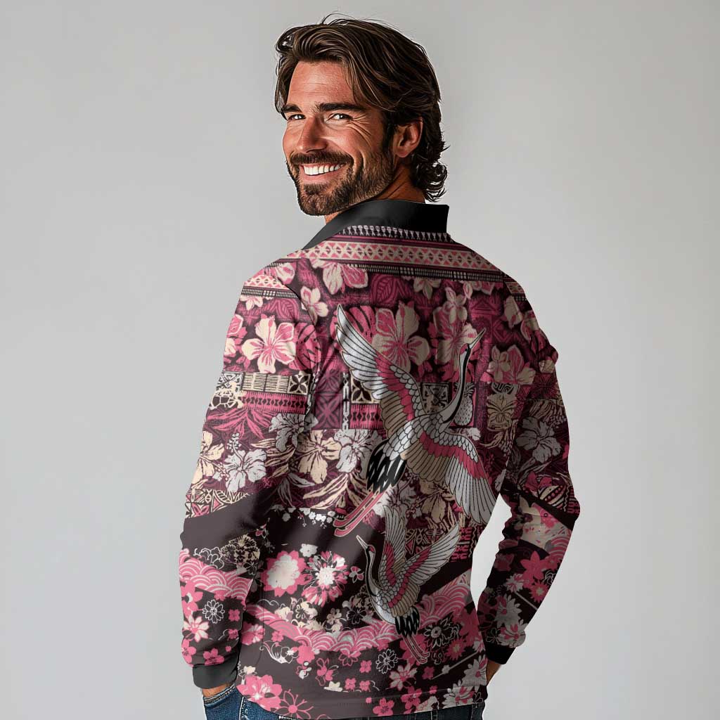 Japanese Hawaiian Crane Long Sleeve Polo Shirt Soft Pink Tapa Patchwork Pattern LT9 - Polynesian Pride