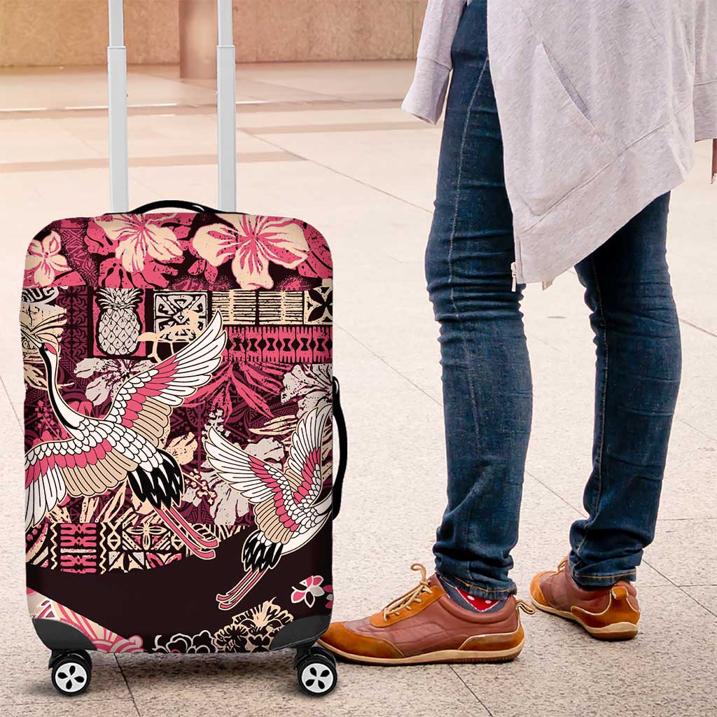Japanese Hawaiian Crane Luggage Cover Soft Pink Tapa Patchwork Pattern