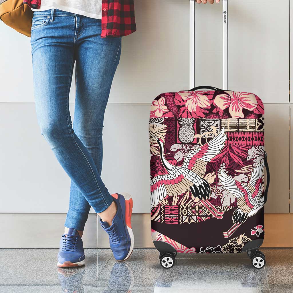 Japanese Hawaiian Crane Luggage Cover Soft Pink Tapa Patchwork Pattern