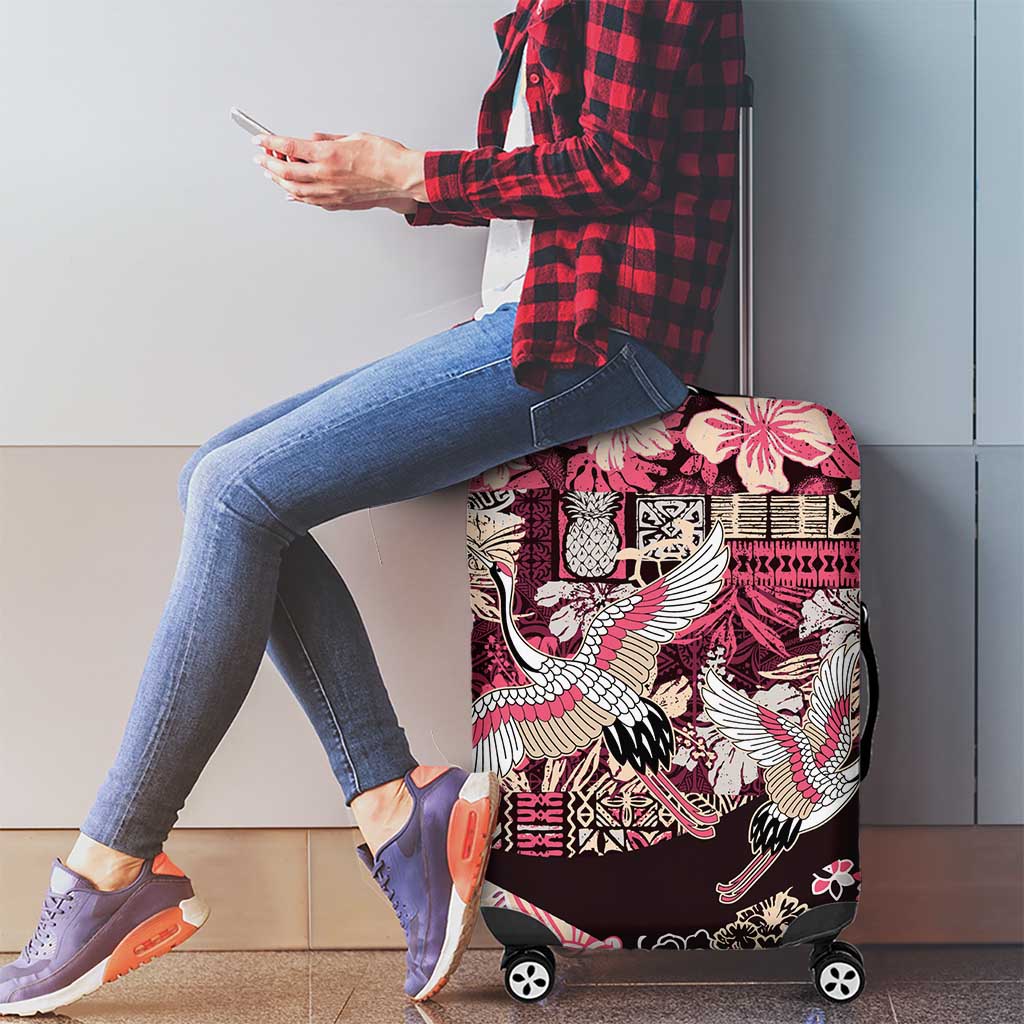 Japanese Hawaiian Crane Luggage Cover Soft Pink Tapa Patchwork Pattern