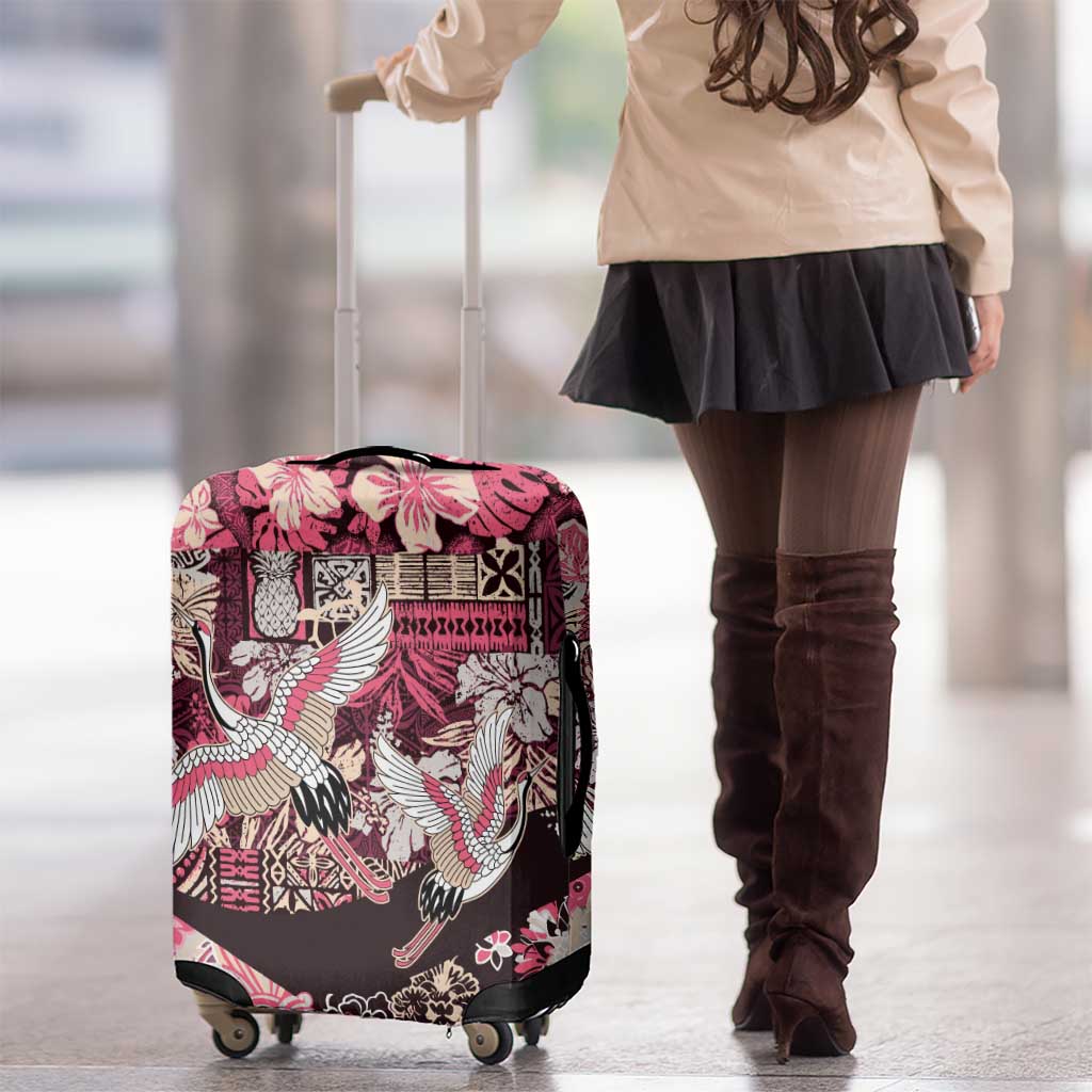 Japanese Hawaiian Crane Luggage Cover Soft Pink Tapa Patchwork Pattern