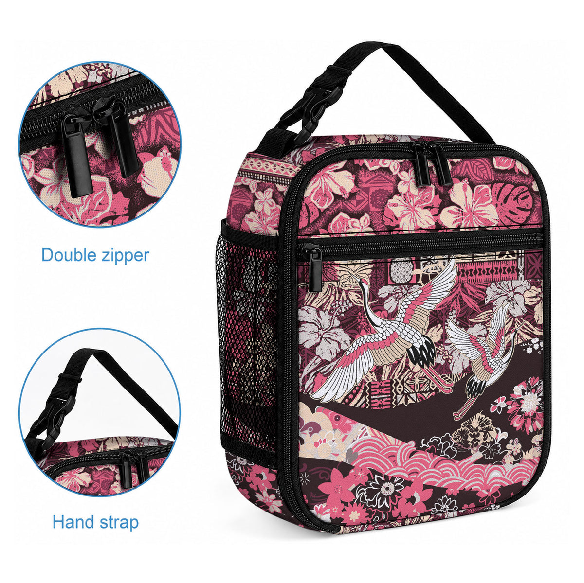 Japanese Hawaiian Crane Lunch Bag Soft Pink Tapa Patchwork Pattern LT9 - Polynesian Pride