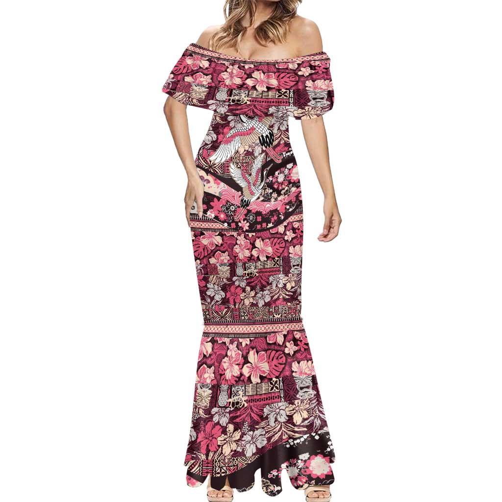 Japanese Hawaiian Crane Mermaid Dress Soft Pink Tapa Patchwork Pattern LT9 - Polynesian Pride