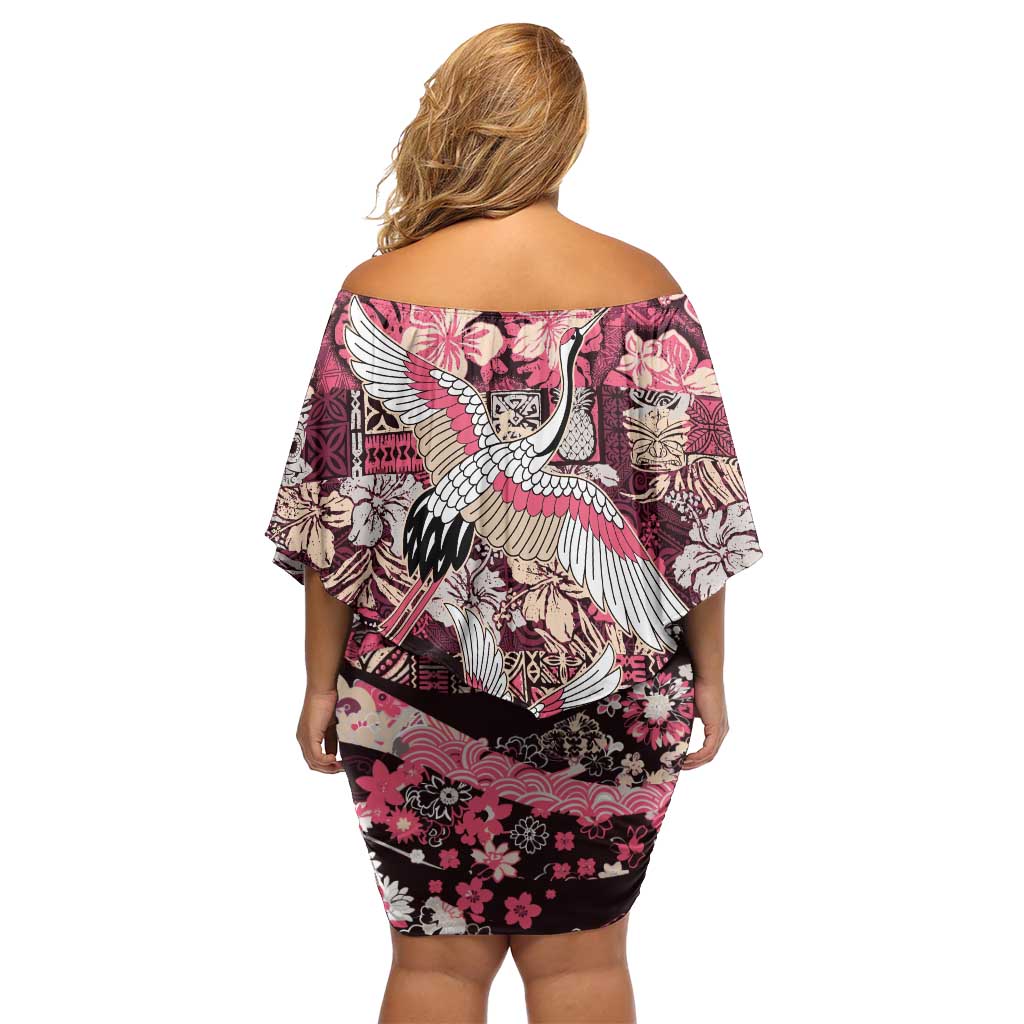Japanese Hawaiian Crane Off Shoulder Short Dress Soft Pink Tapa Patchwork Pattern LT9 - Polynesian Pride