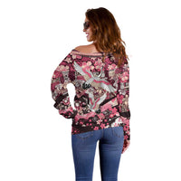 Japanese Hawaiian Crane Off Shoulder Sweater Soft Pink Tapa Patchwork Pattern LT9 - Polynesian Pride