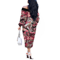 Japanese Hawaiian Crane Off The Shoulder Long Sleeve Dress Soft Pink Tapa Patchwork Pattern