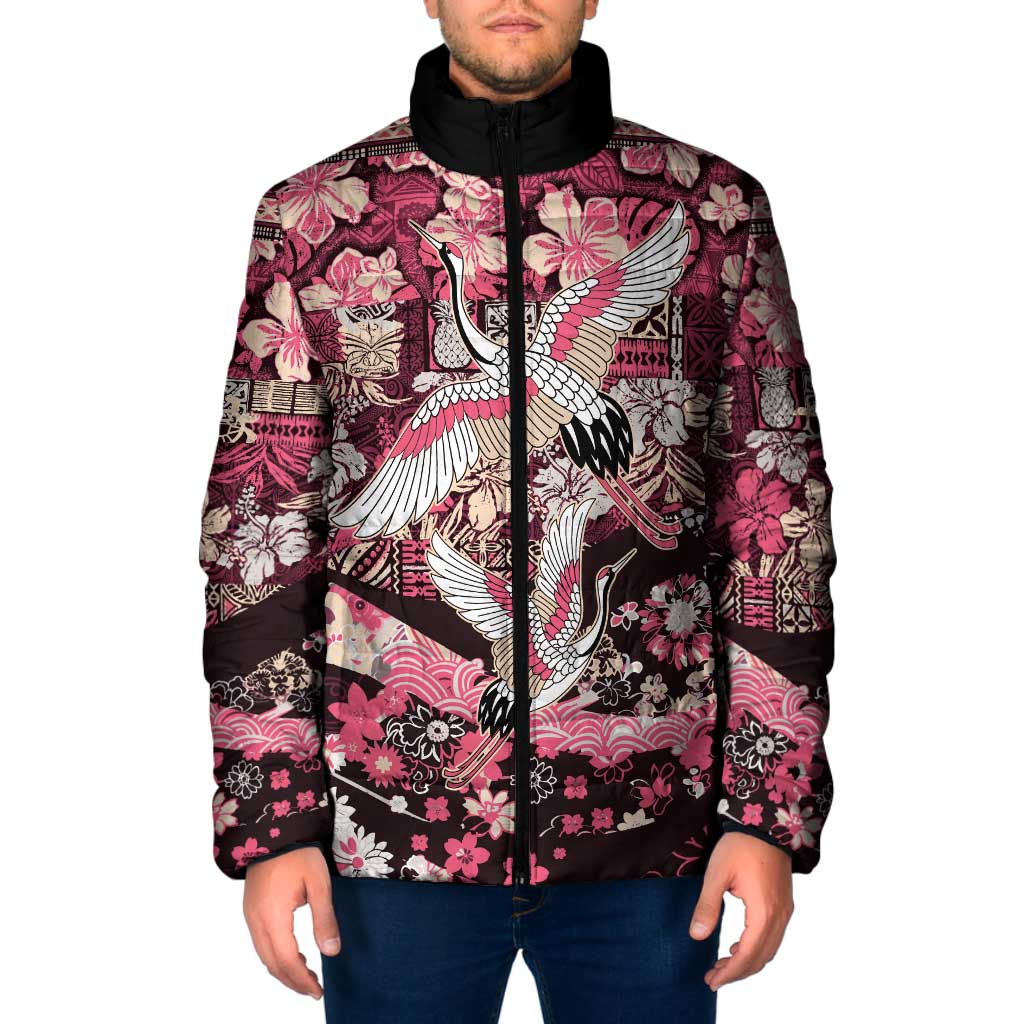 Japanese Hawaiian Crane Padded Jacket Soft Pink Tapa Patchwork Pattern LT9 Men Pink - Polynesian Pride