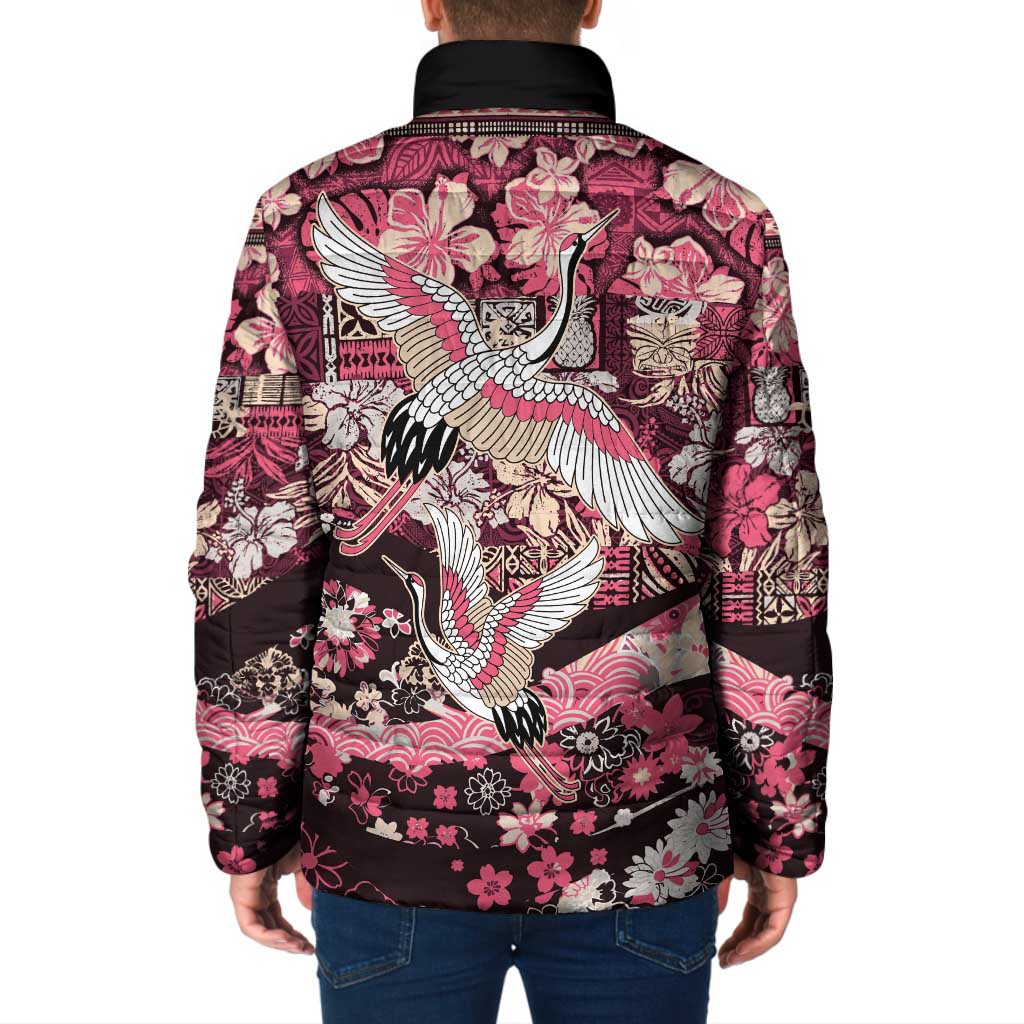 Japanese Hawaiian Crane Padded Jacket Soft Pink Tapa Patchwork Pattern LT9 - Polynesian Pride