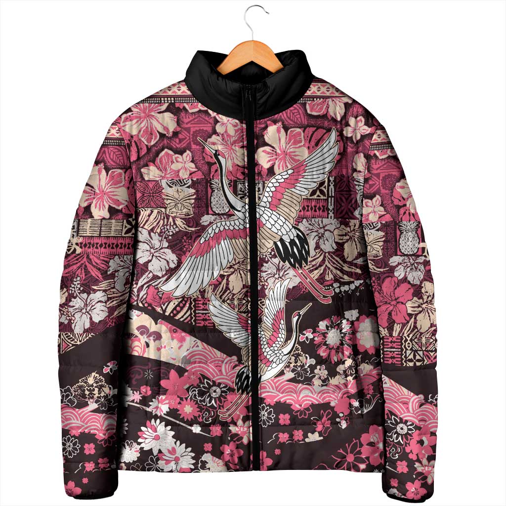 Japanese Hawaiian Crane Padded Jacket Soft Pink Tapa Patchwork Pattern LT9 - Polynesian Pride