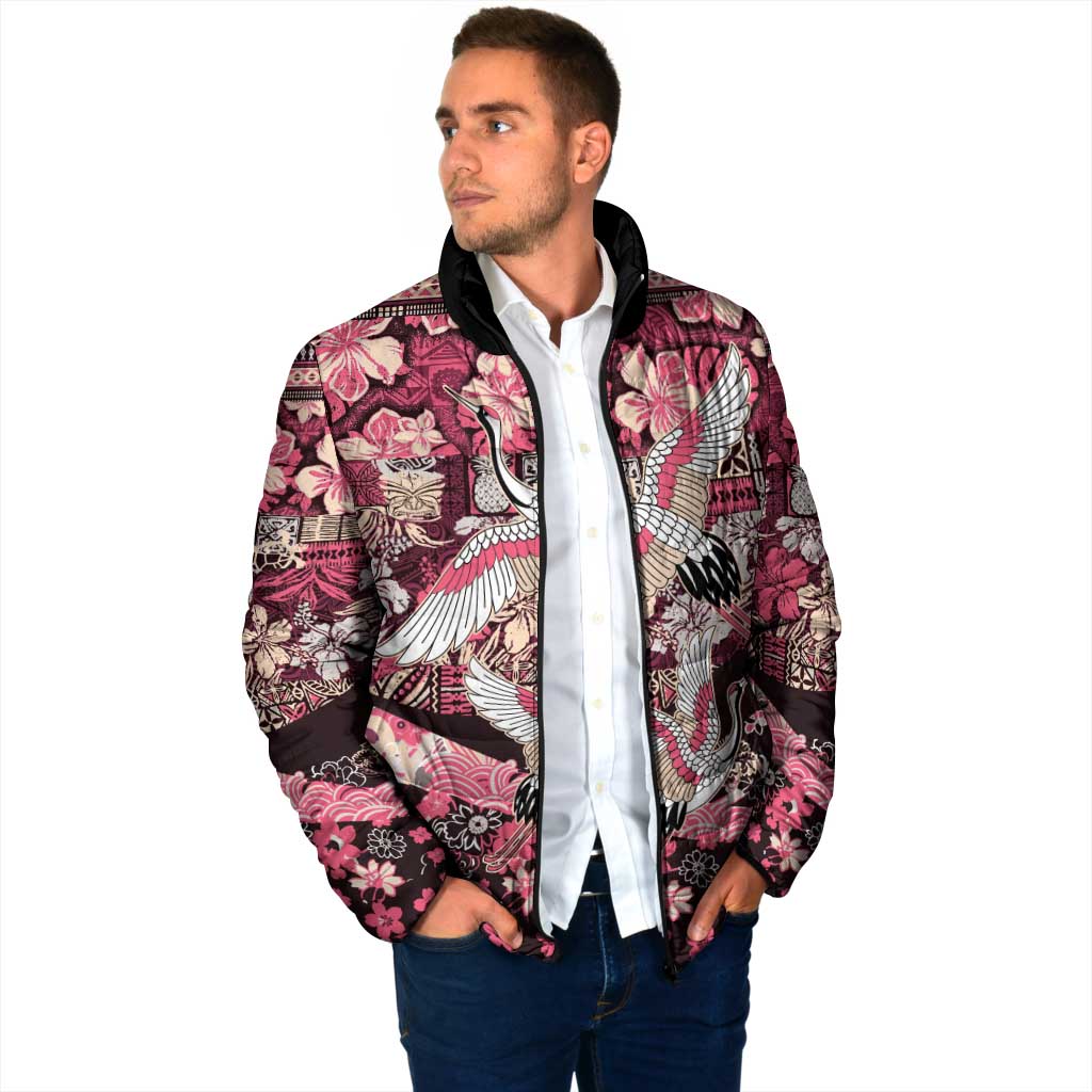 Japanese Hawaiian Crane Padded Jacket Soft Pink Tapa Patchwork Pattern LT9 - Polynesian Pride