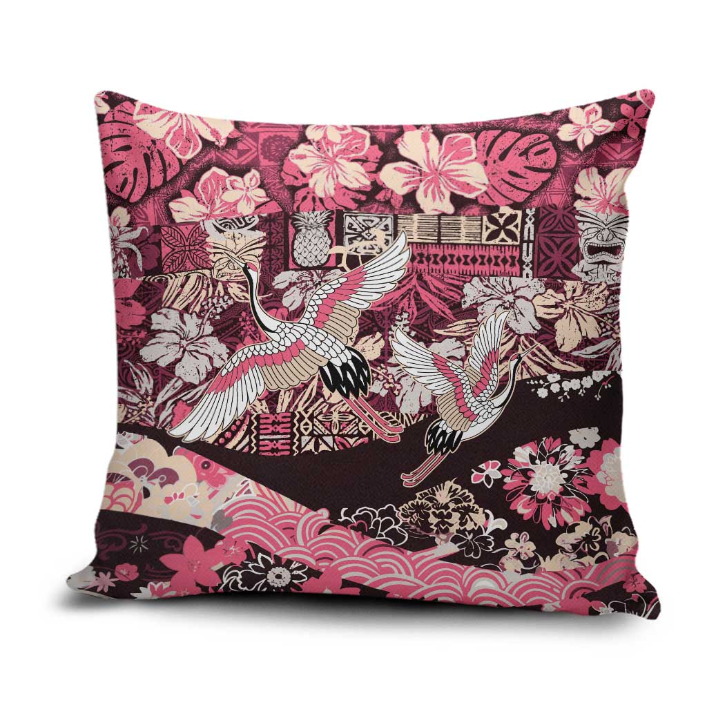 Japanese Hawaiian Crane Pillow Cover Soft Pink Tapa Patchwork Pattern LT9 Pink - Polynesian Pride