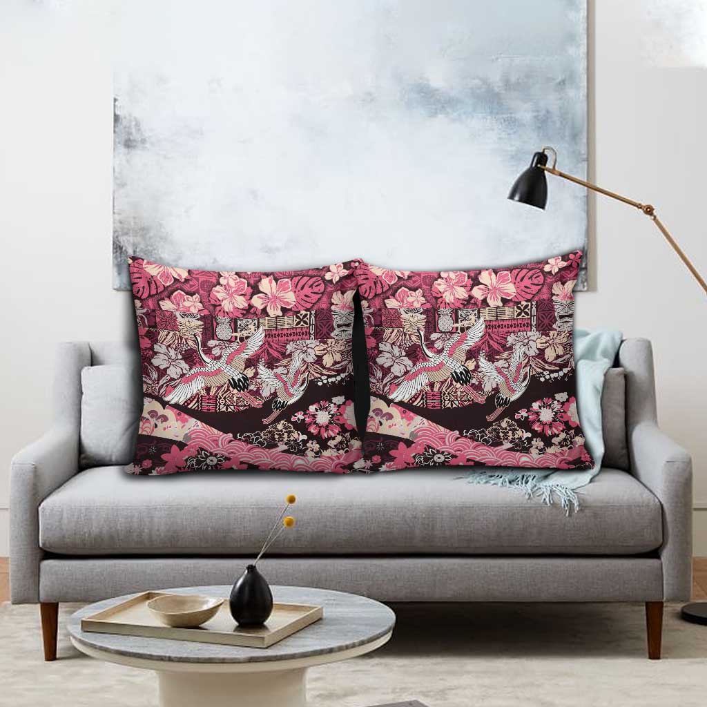 Japanese Hawaiian Crane Pillow Cover Soft Pink Tapa Patchwork Pattern LT9 - Polynesian Pride