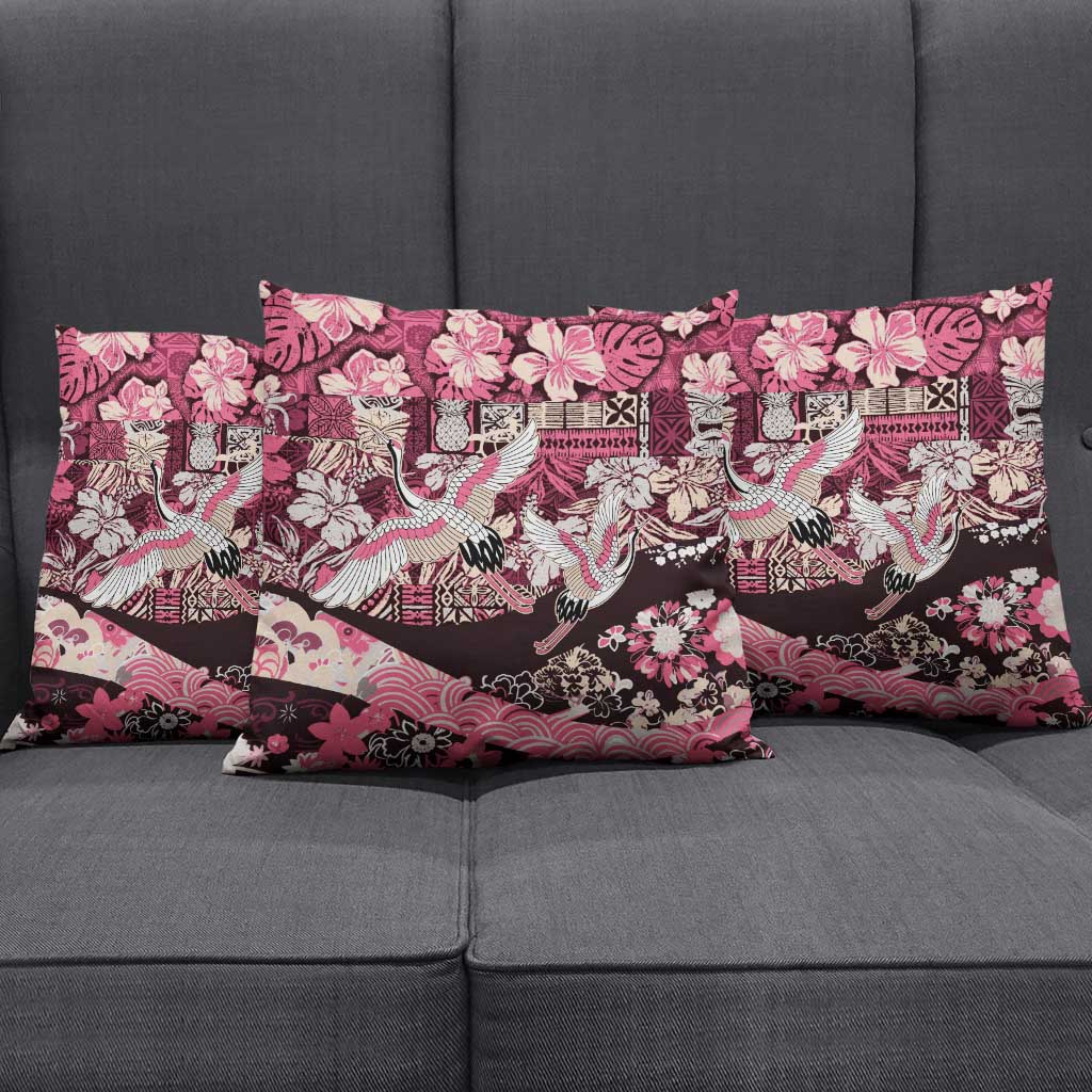 Japanese Hawaiian Crane Pillow Cover Soft Pink Tapa Patchwork Pattern LT9 - Polynesian Pride