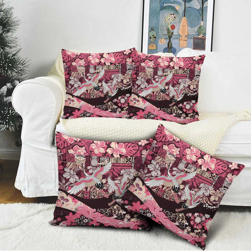 Japanese Hawaiian Crane Pillow Cover Soft Pink Tapa Patchwork Pattern LT9 - Polynesian Pride