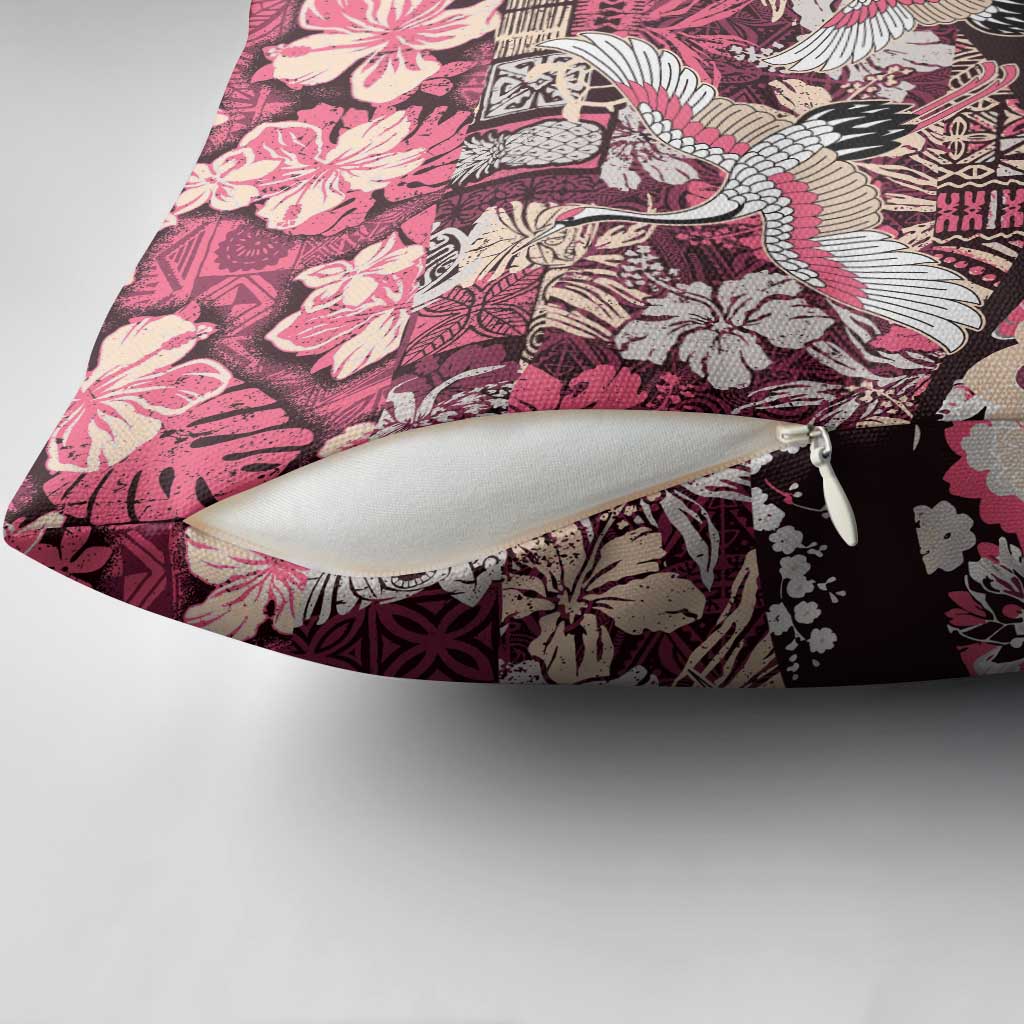 Japanese Hawaiian Crane Pillow Cover Soft Pink Tapa Patchwork Pattern LT9 - Polynesian Pride