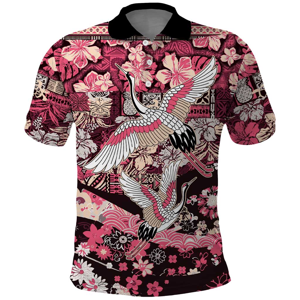 Japanese Hawaiian Crane Polo Shirt Soft Pink Tapa Patchwork Pattern LT9 Pink - Polynesian Pride