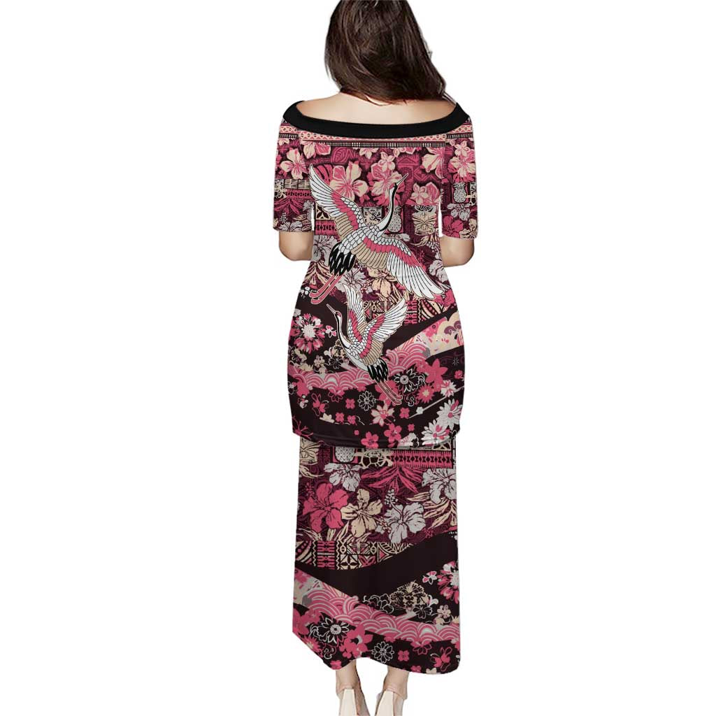 Japanese Hawaiian Crane Puletasi Soft Pink Tapa Patchwork Pattern LT9 - Polynesian Pride